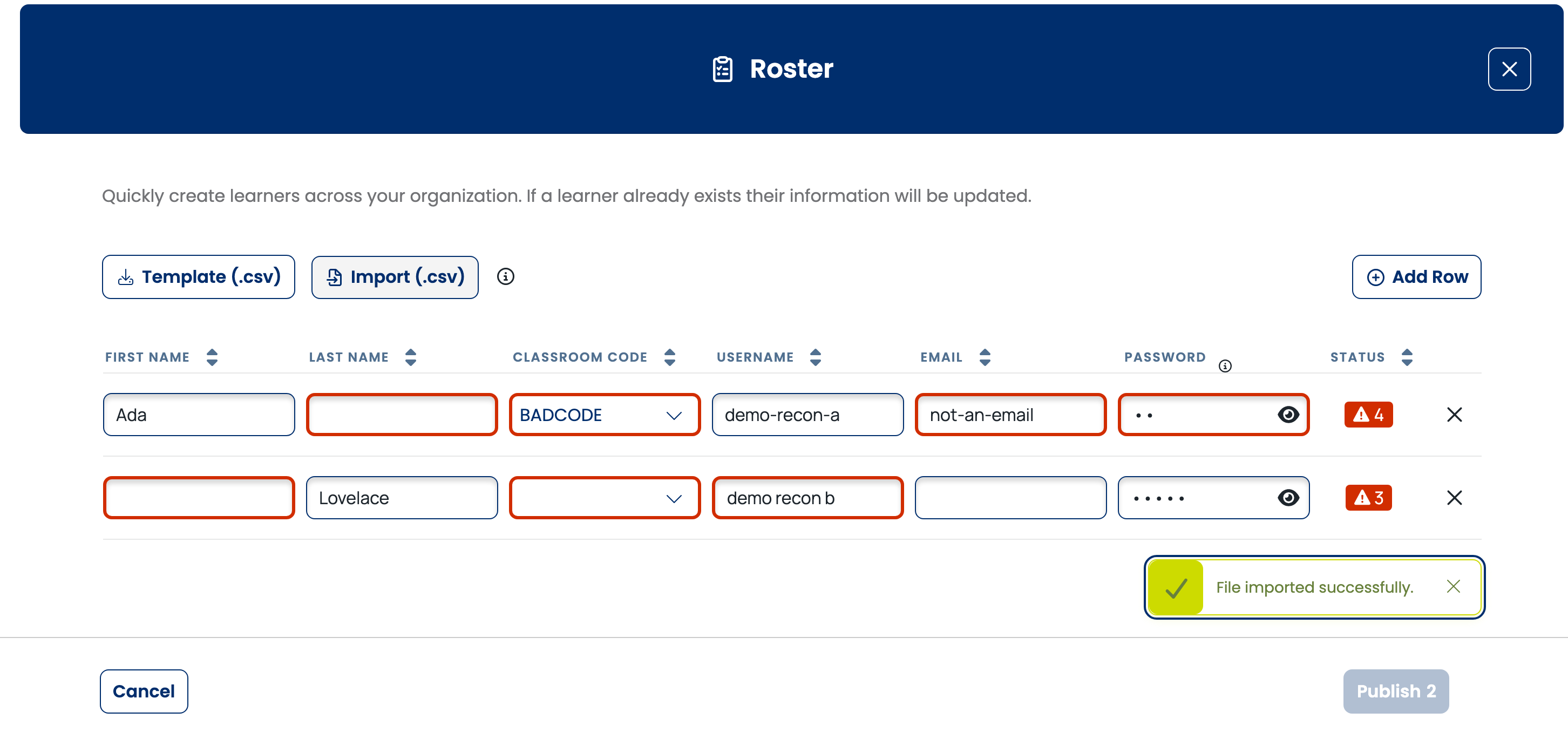 Roster grid after an import, with problem fields outlined in red and a red Status badge counting the problems in each row