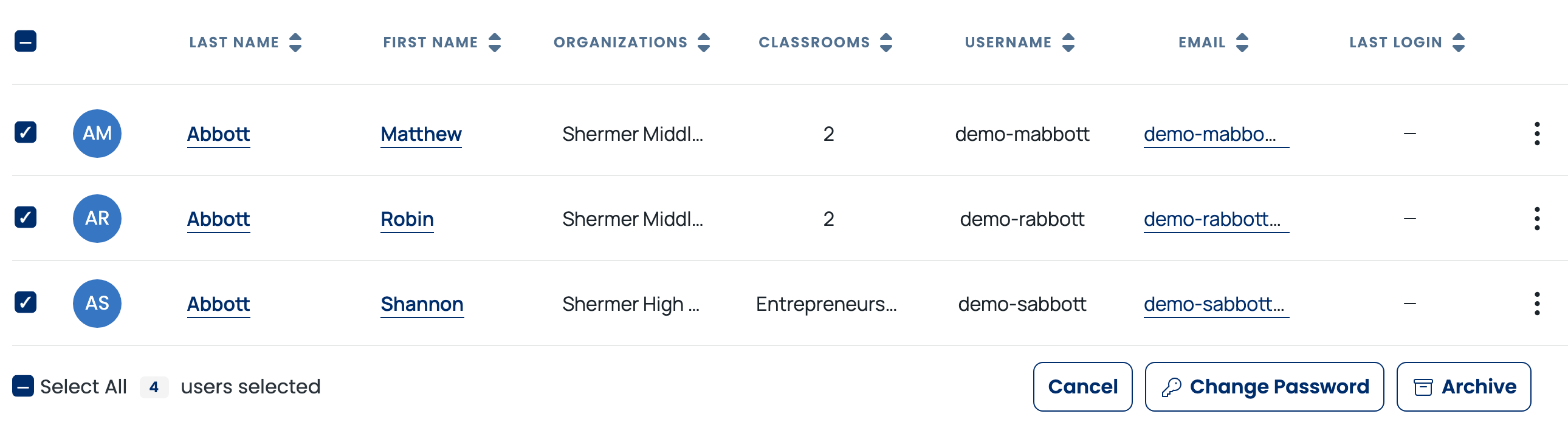 Users page, Learners tab, with three learners selected and a bar offering Cancel, Change Password, and Archive