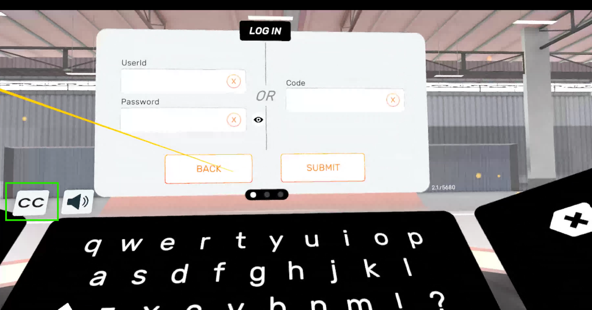 The Transfr Train log in screen with the CC button and the background music button in the lower left corner of the view.