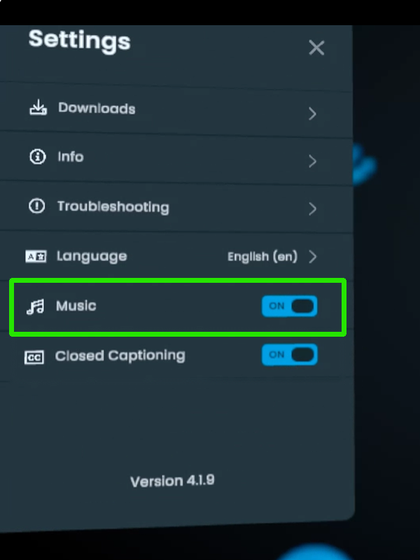 The Trek Settings panel with the Music row highlighted, its toggle reading ON.