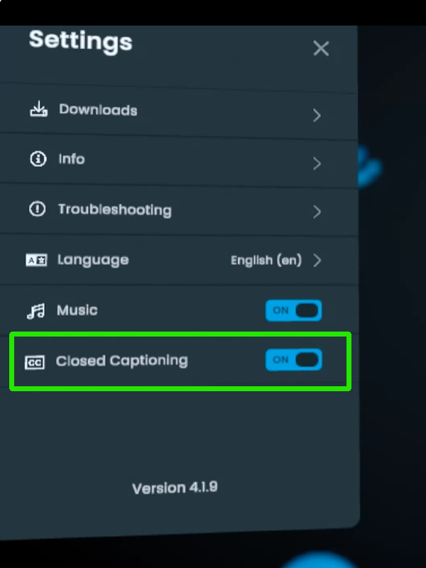 The Trek Settings panel with the Closed Captioning row highlighted, its toggle reading ON.