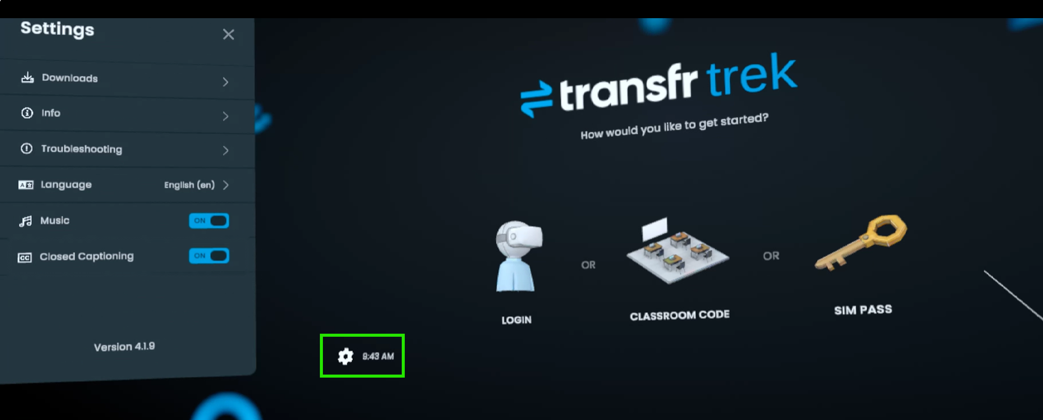 The Transfr Trek launch screen with the Settings panel open, and the gear icon at the bottom of the screen highlighted.
