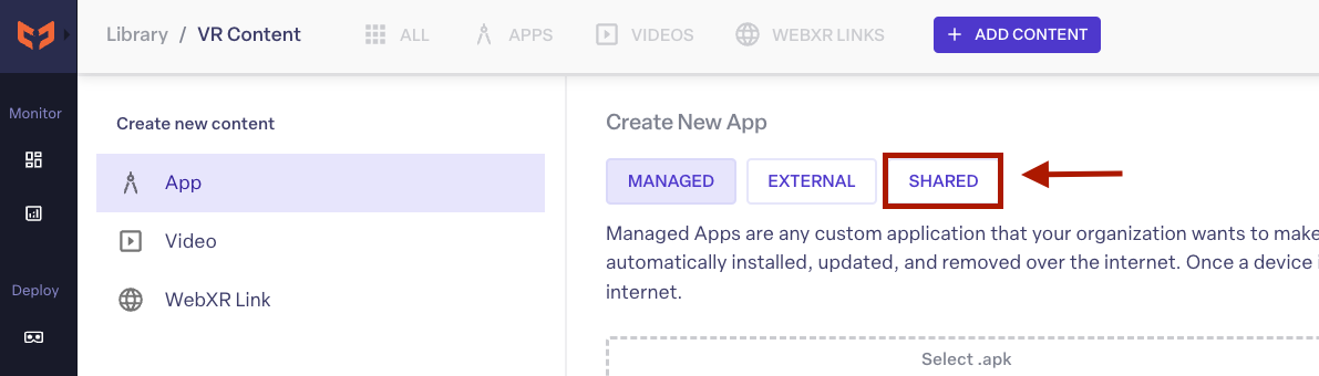 The Create New App panel in VR Content with the Shared tab highlighted alongside the Managed and External tabs