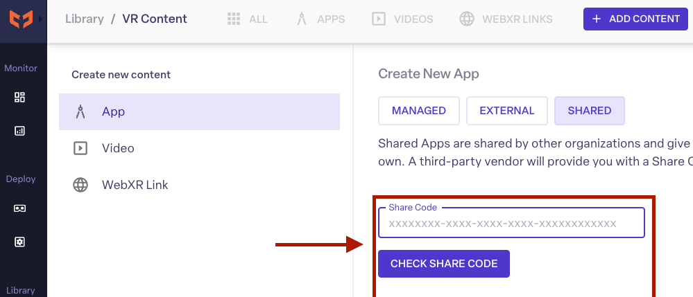 The Share Code field and the Check share code button on the Shared tab