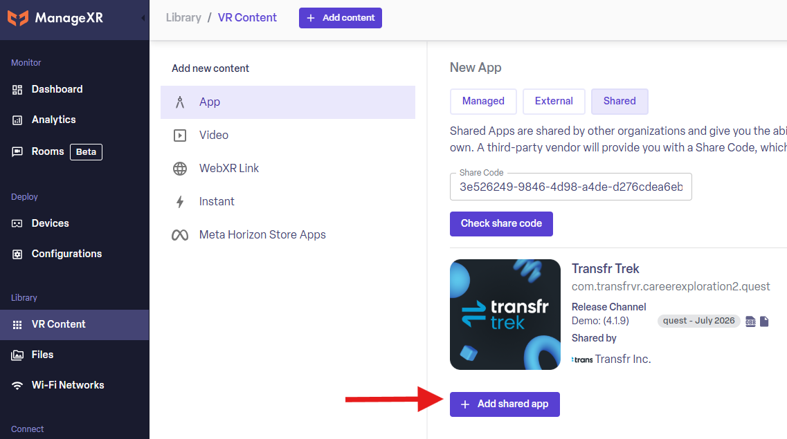 A recognised share code showing the Transfr Trek app details, with the Add shared app button below it