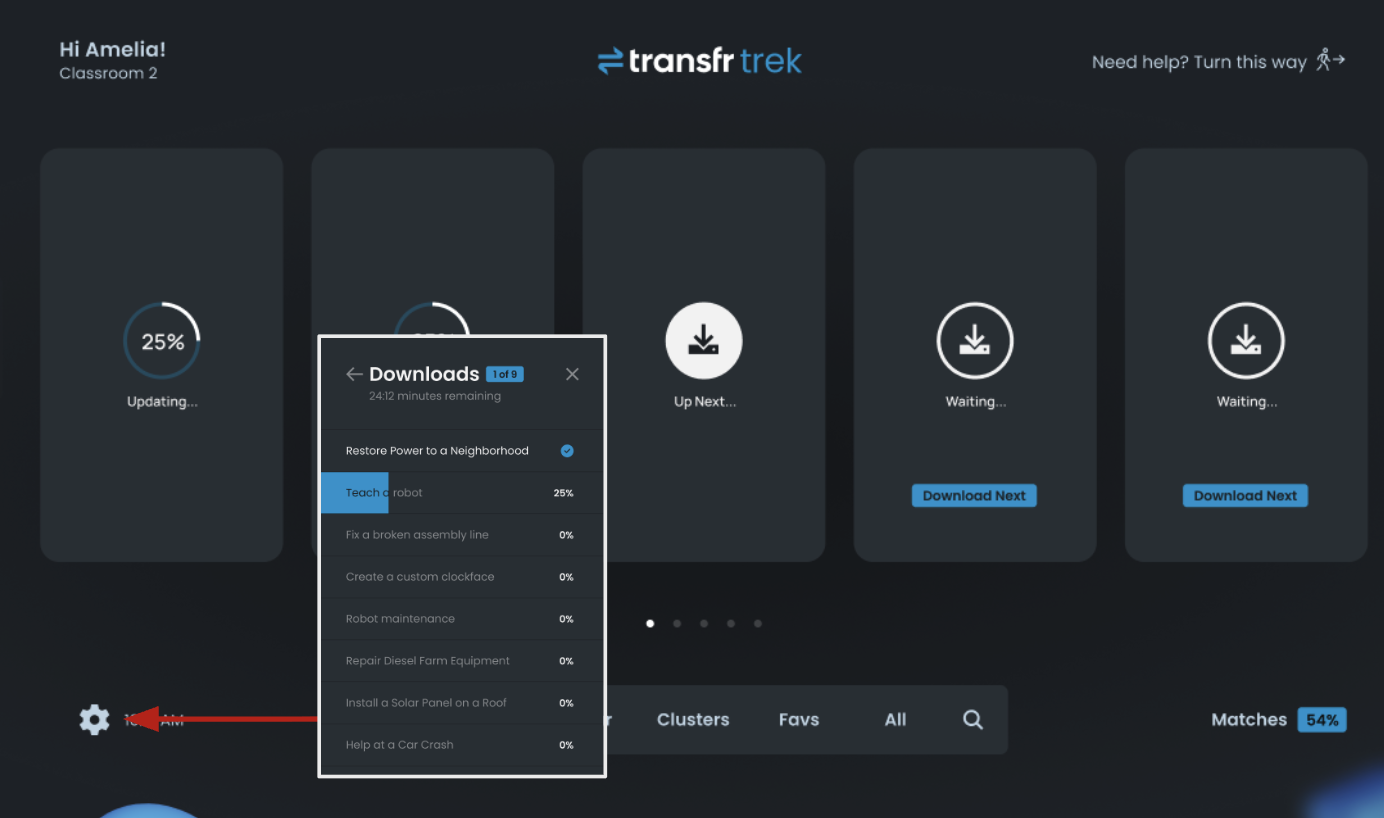The Trek Downloads menu open over the simulation menu, showing download progress and time remaining