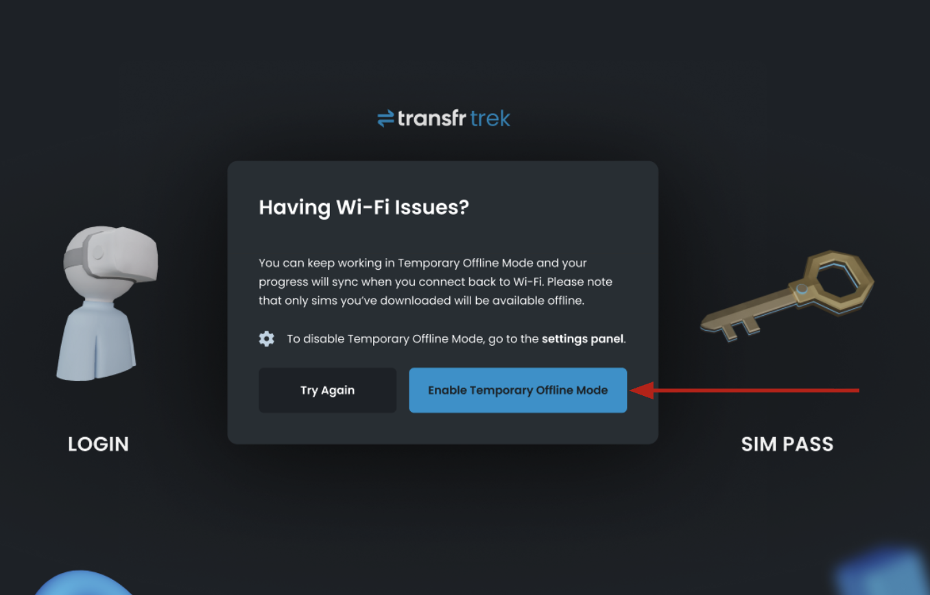 The Having Wi-Fi Issues? pop-up with the blue Enable Temporary Offline Mode button