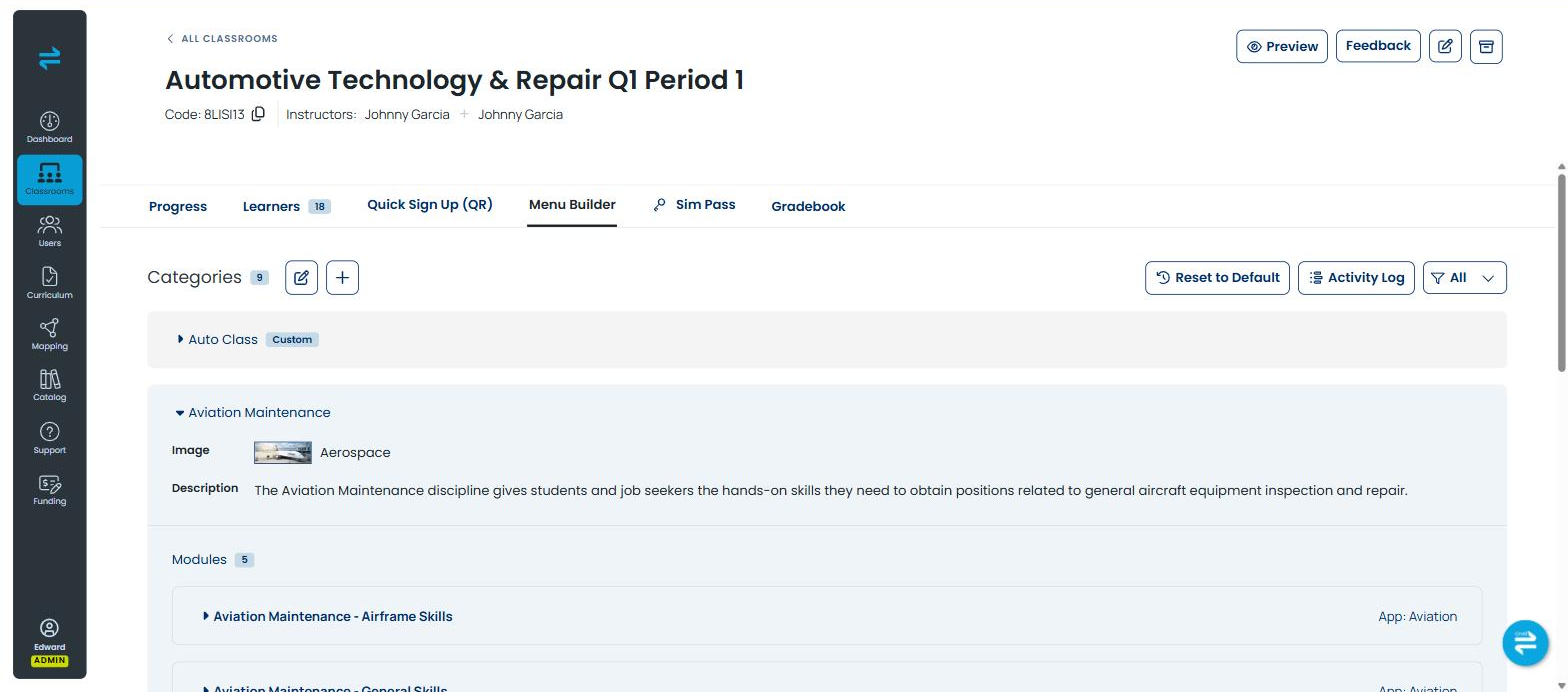 Menu Builder with a category expanded, showing its image, description and module list