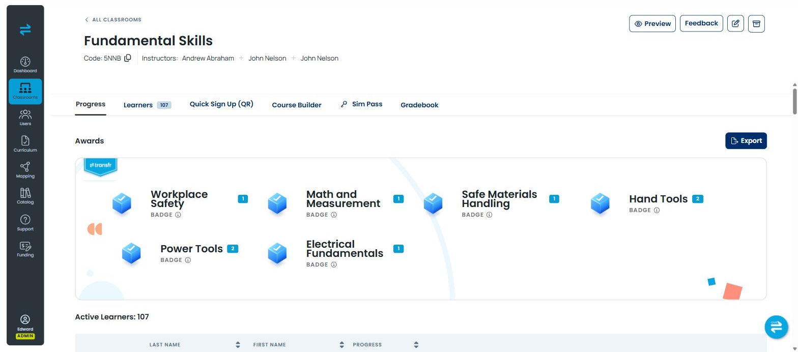 A Programs classroom Progress tab showing the Awards panel with the six Fundamental Skills badges