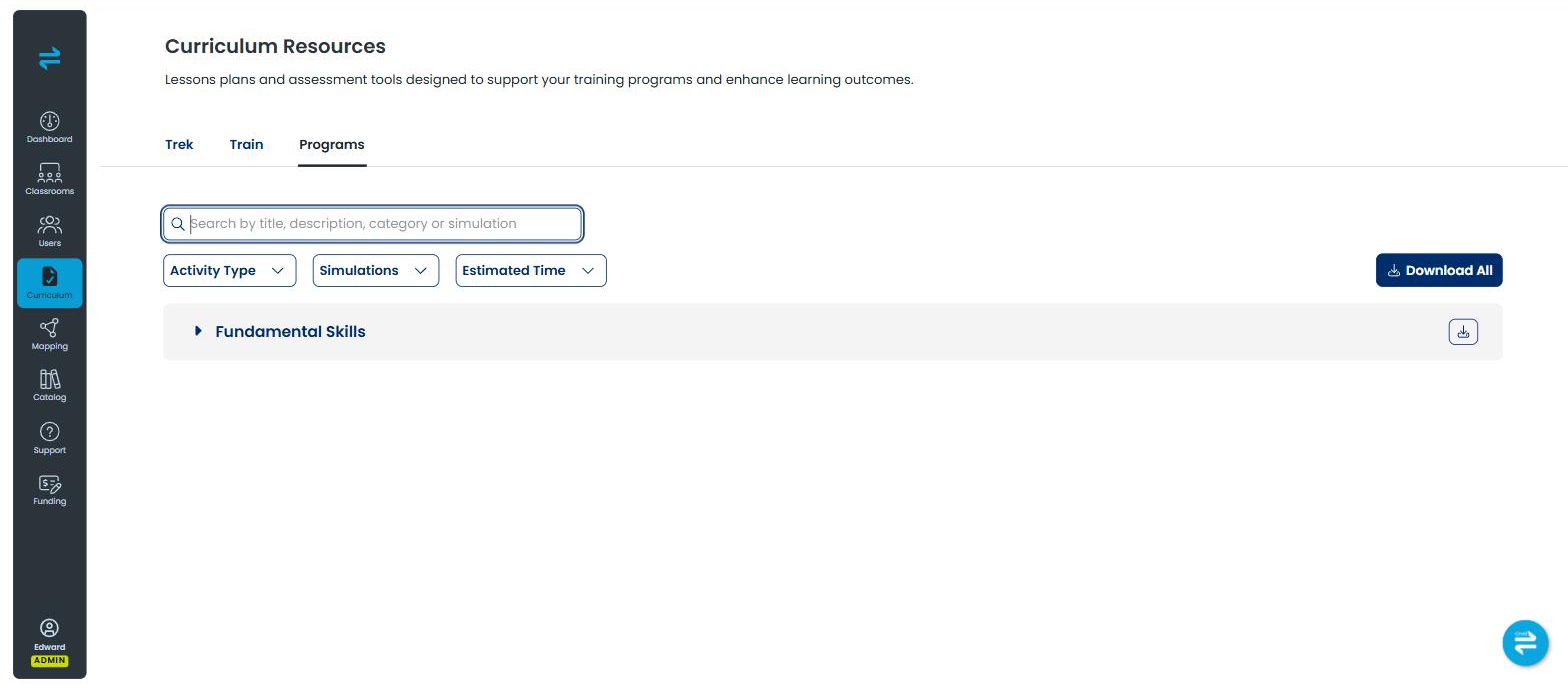 Curriculum Resources with the Programs tab selected, showing Fundamental Skills