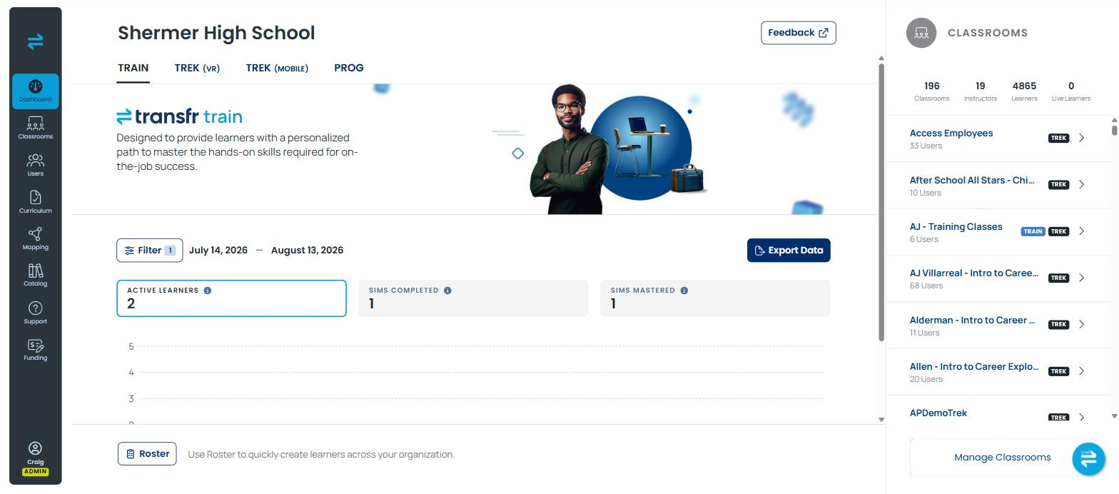 The Dashboard home page product tabs used to check which Transfr products an organization has