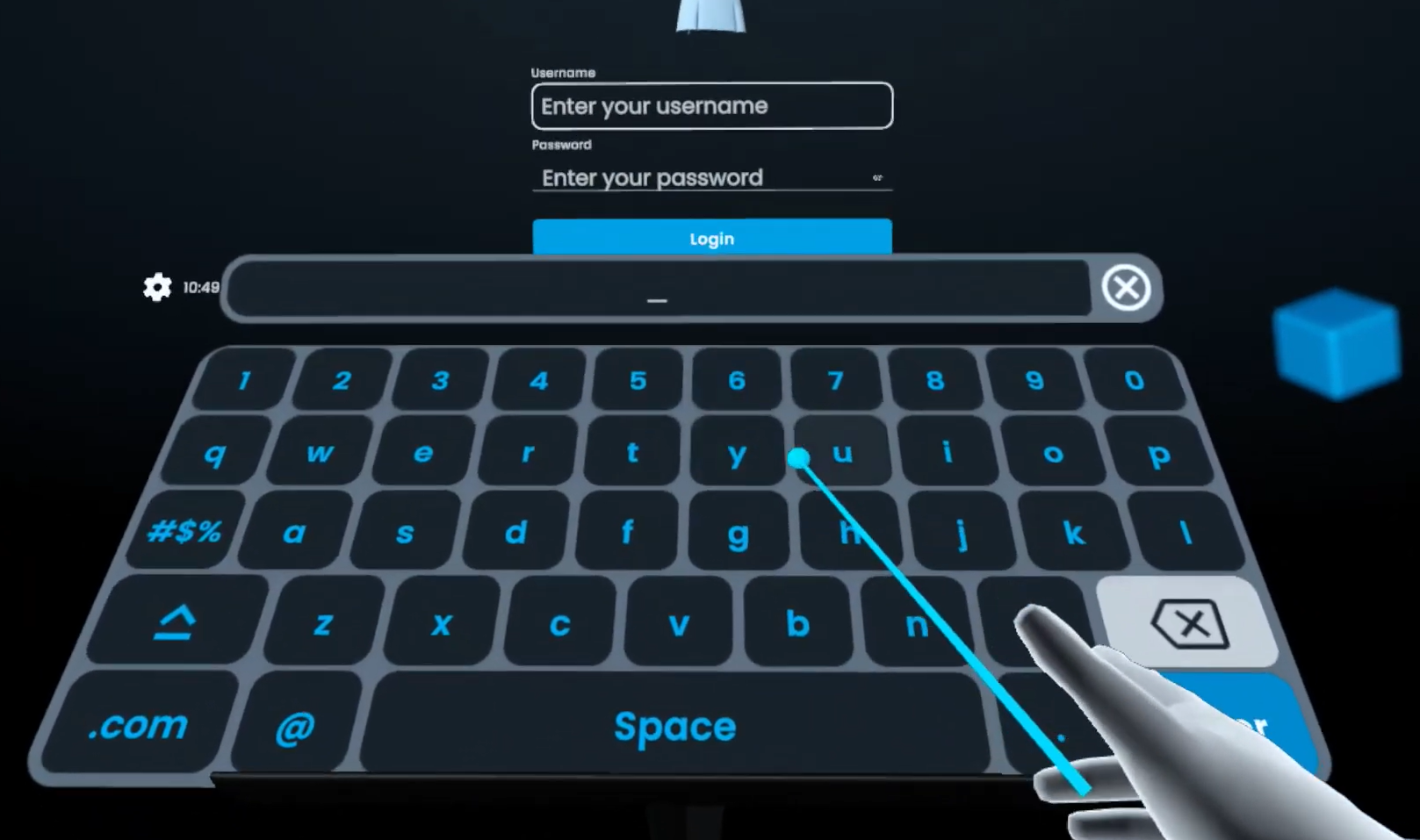 The in-headset login screen showing the Username and Password fields with the virtual keyboard