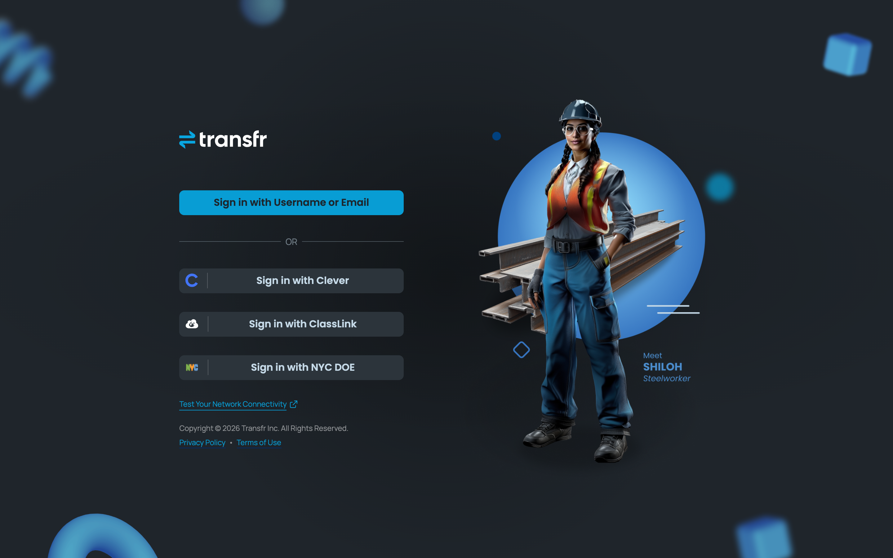 The Transfr sign-in page, showing Sign in with Username or Email above separate Sign in with Clever, Sign in with ClassLink, and Sign in with NYC DOE buttons