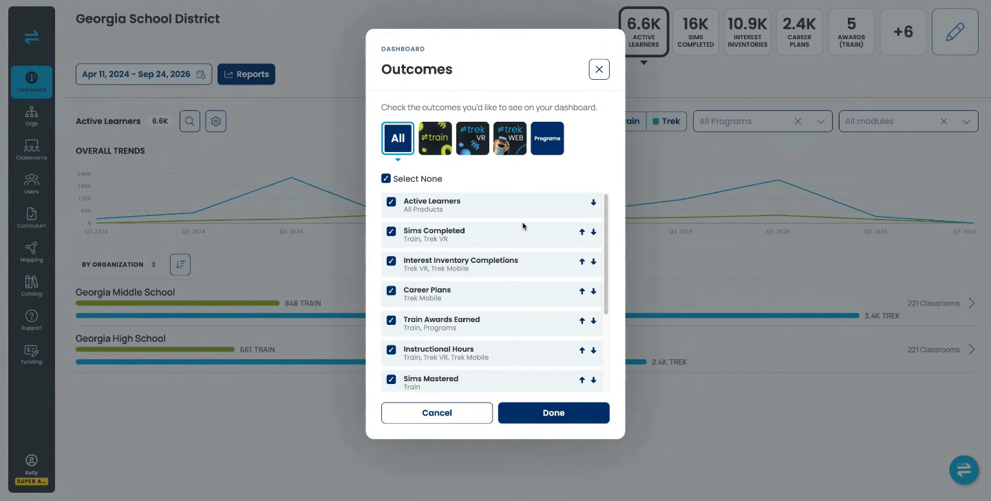 The Outcomes window with a checklist of outcomes and product filters