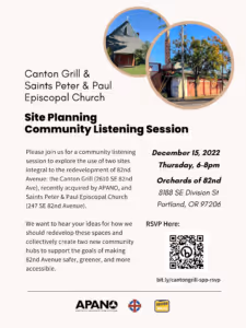 An image of a flyer for a Site Planning Community Listening Session. In the right hand corner are two circular images overlapping. One is a picture of a grey church (Saints Peter and Paul Episcopal Church) And the other is Canton Grill.