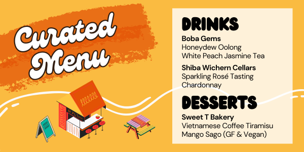 Boba Gems honeydew oolong, white peach jasmine tea, Shiba Wichern Cellars sparkling rose tasting and chardonnay, Sweet T Bakery vietnamese coffee tiramisu and mango sago (gluten free and vegan)