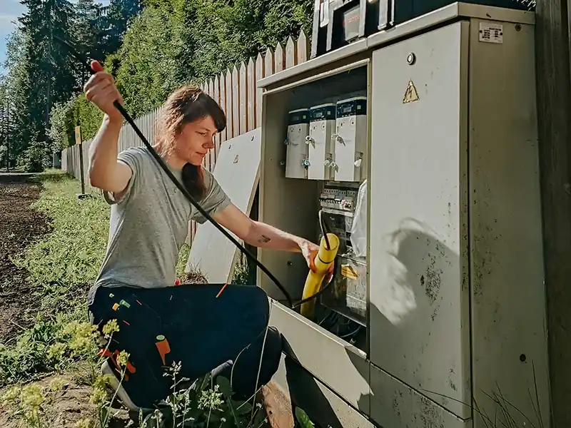 Woman working with electrical cables inside an outdoor power distribution box.