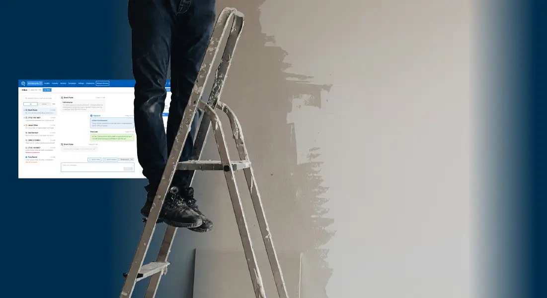 Person standing on a paint-spattered ladder in front of a partially painted wall with a SignpostAI Messaging Hub overlay.