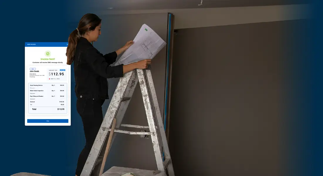 Woman on ladder holding a blueprint. Next to her, a SignpostAI Invoicing screenshot indicates she was able to charge her customer simply and effectively from the same place she handled her communication.