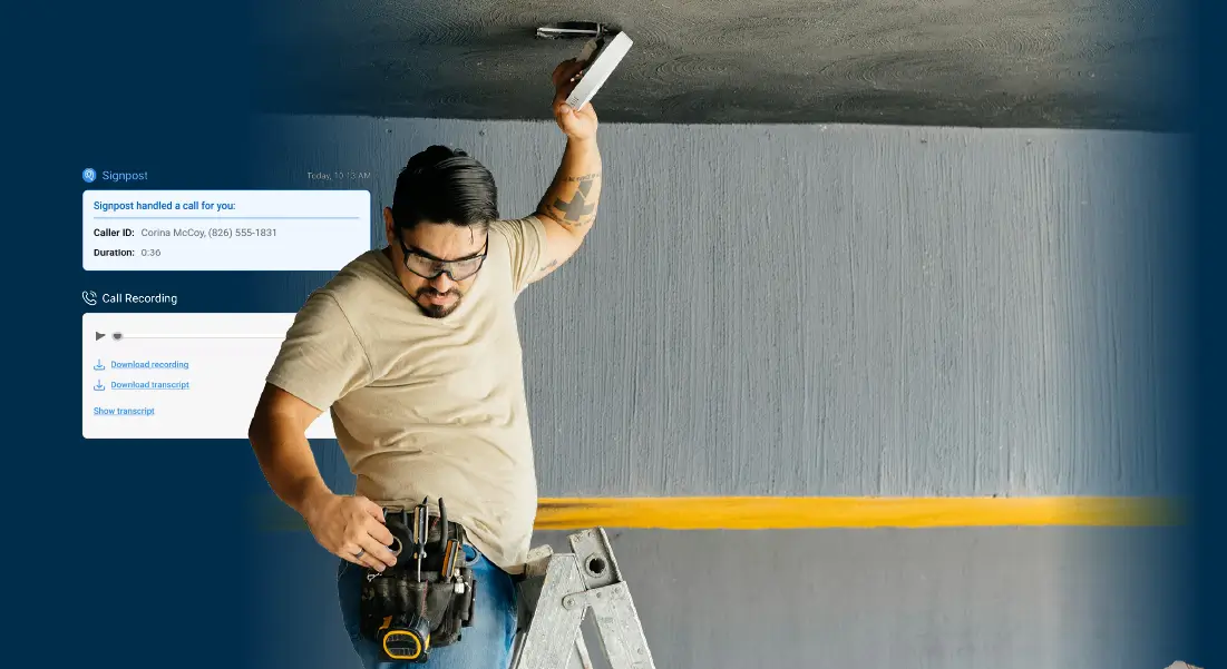 Man wearing glasses on a stepladder fixing a ceiling panel. A SignpostAI AI Voice notification appears over his shoulder, indicating that it has handled a call while he worked.