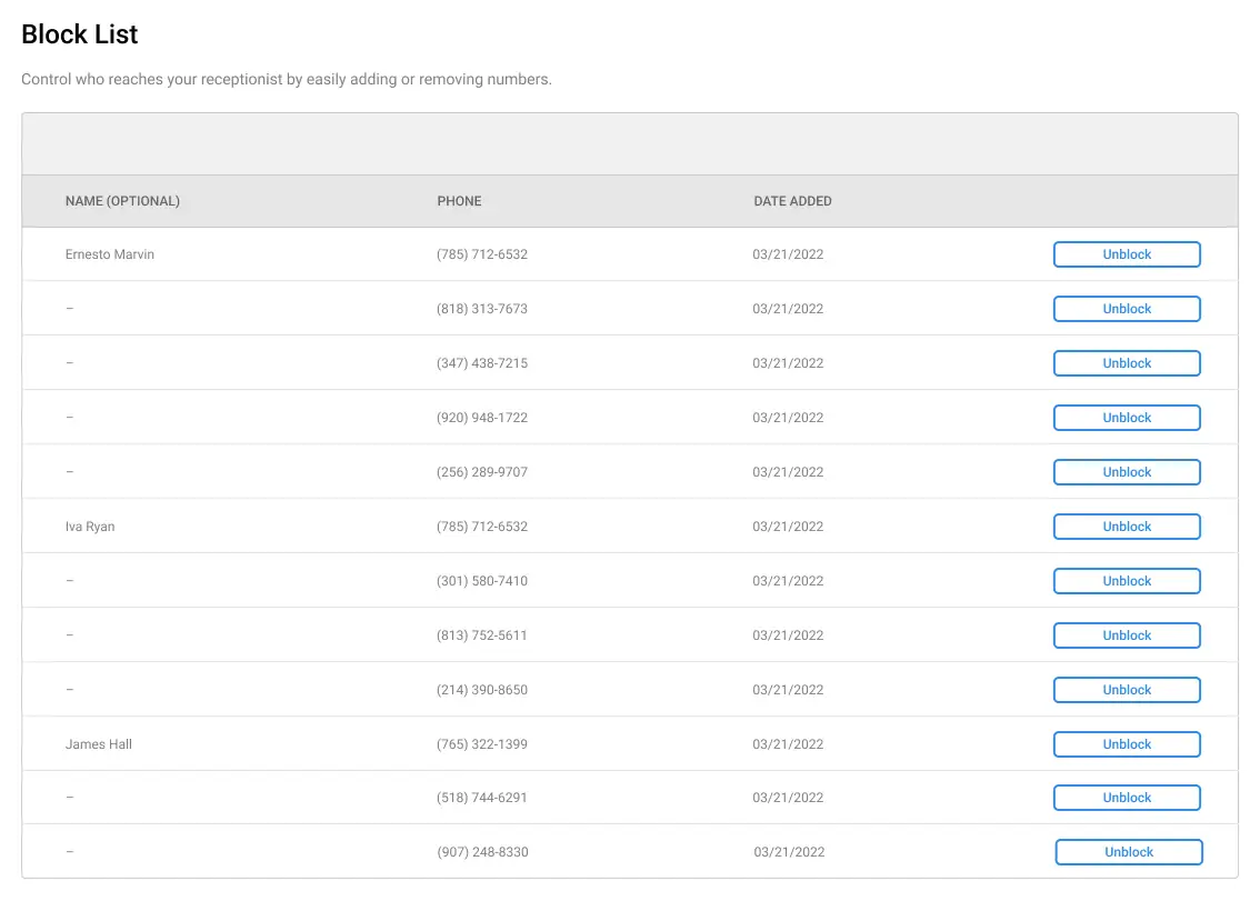 A screenshot of the SignpostAI Messaging Hub call block list