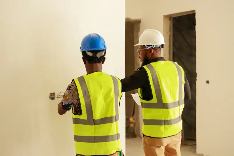 Two workers in safety vests and helmets inspecting electrical connections inside an unfinished building.