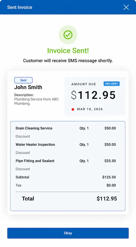 A screenshot of a sent invoice success message