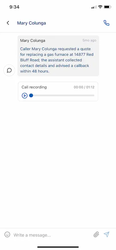screenshot for the Signpost mobile app with a call summary and recording