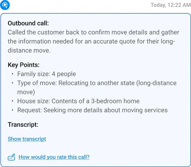 screenshot of SignpostAI's AI Voice summary of an automated outbound call to a customer