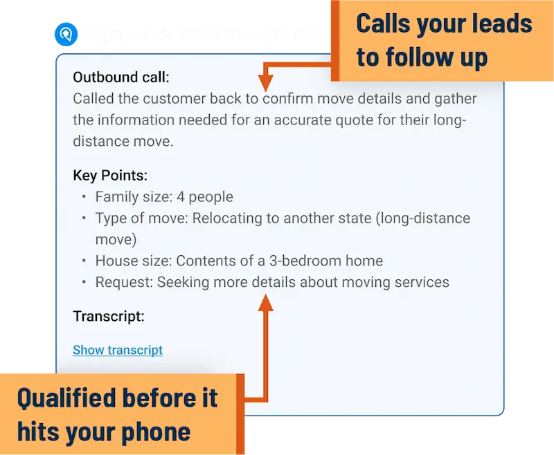 A screenshot of a SignpostAI AI Voice outbound call summary, showing that the AI receptionist can make calls on you behalf and book jobs.
