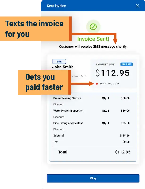 A screenshot of SignpostAI's invoice creation process, enabling quick customer payment with automatic SMS reminders.
