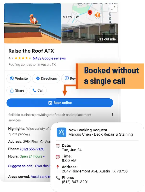 A screenshot of a Google business profile where the SignpostAI smart booking feature has been used, allowing customers to book your services with a single click.