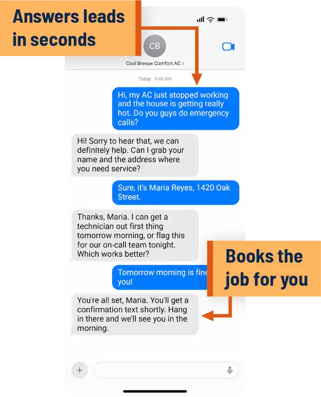 A screenshot of a text conversation with SignpostAI's AI SMS, showing quick communication and independent ability to book jobs for you.