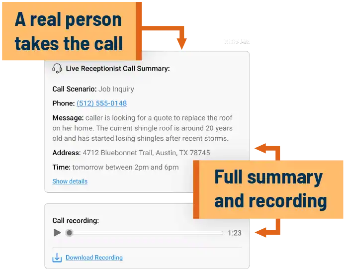 A screenshot of SignpostAI's Live receptionist feature, showing a call summary that was handled and booked by a receptionist, with full call recording for review