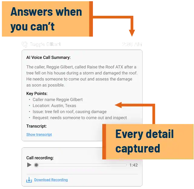 A screenshot of SignpostAI's AI Voice feature, showing a call summary handled and booked by the AI receptionist