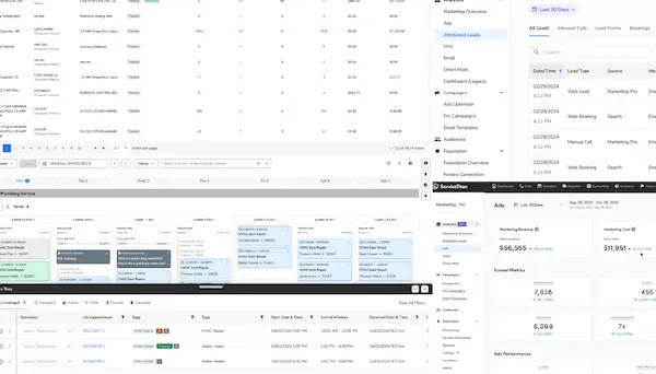 Illustration of a dashboards and screenshots in a bloated all-in-one platform