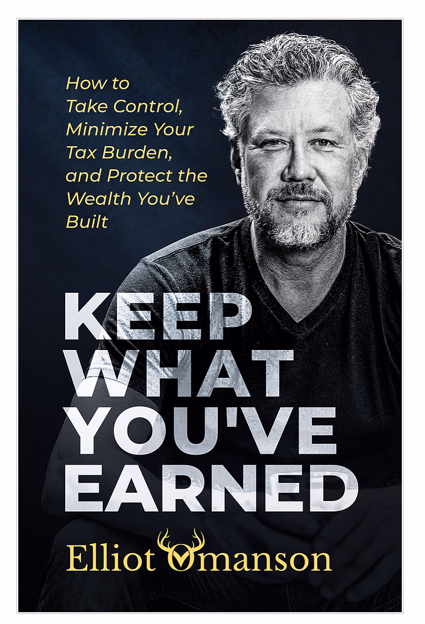 Book cover with a man and the title Keep What You've Earned by Elliot Omanson about tax control and wealth.