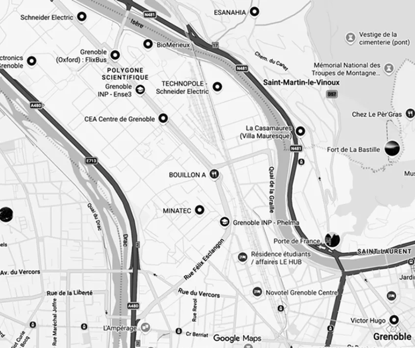 Map of the scientific sector of Grenoble showing places like MINATEC, CEA, and Schneider Electric.