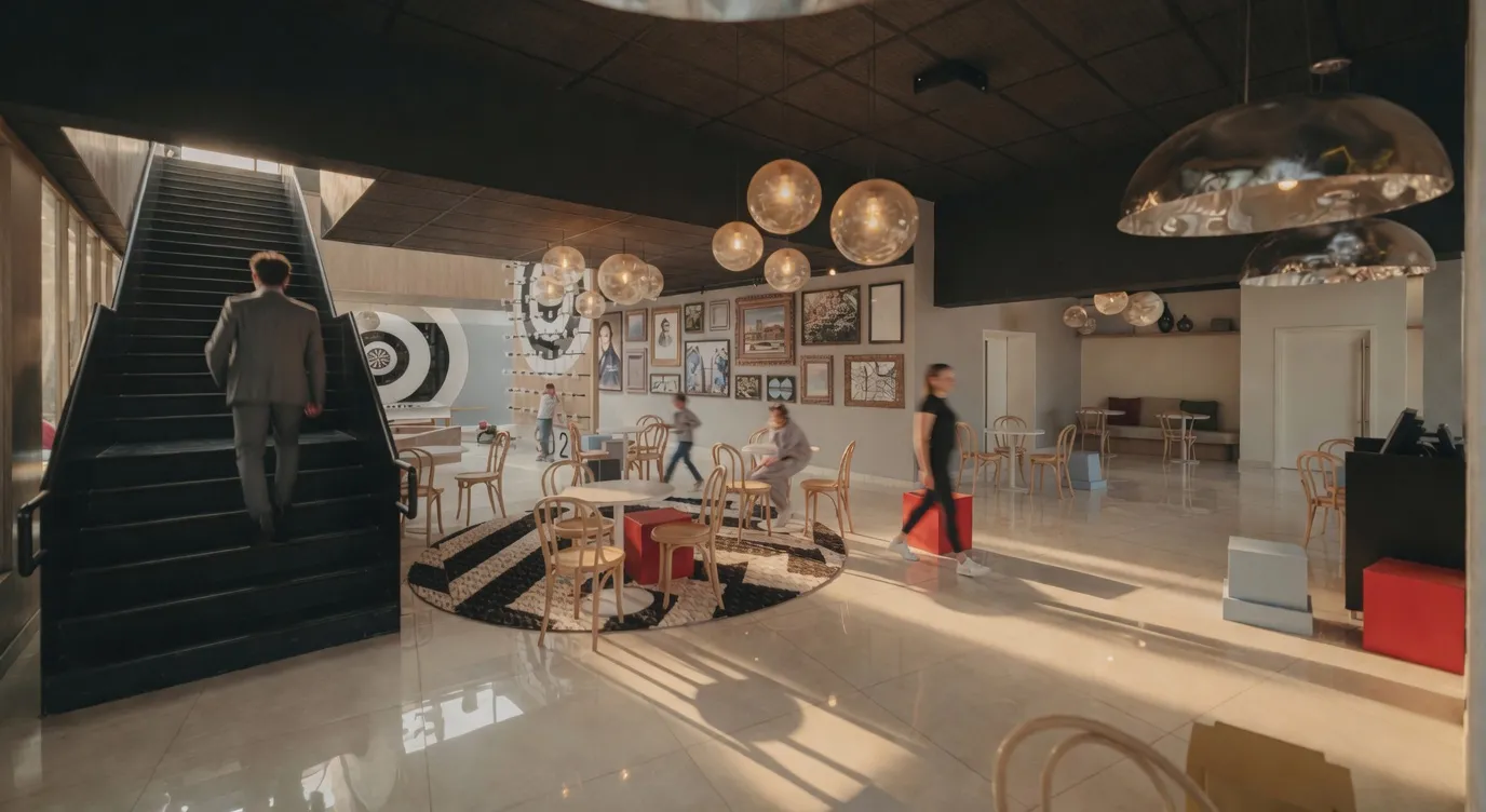 A man climbs a staircase into a modern space with tables, chairs, and wall art.