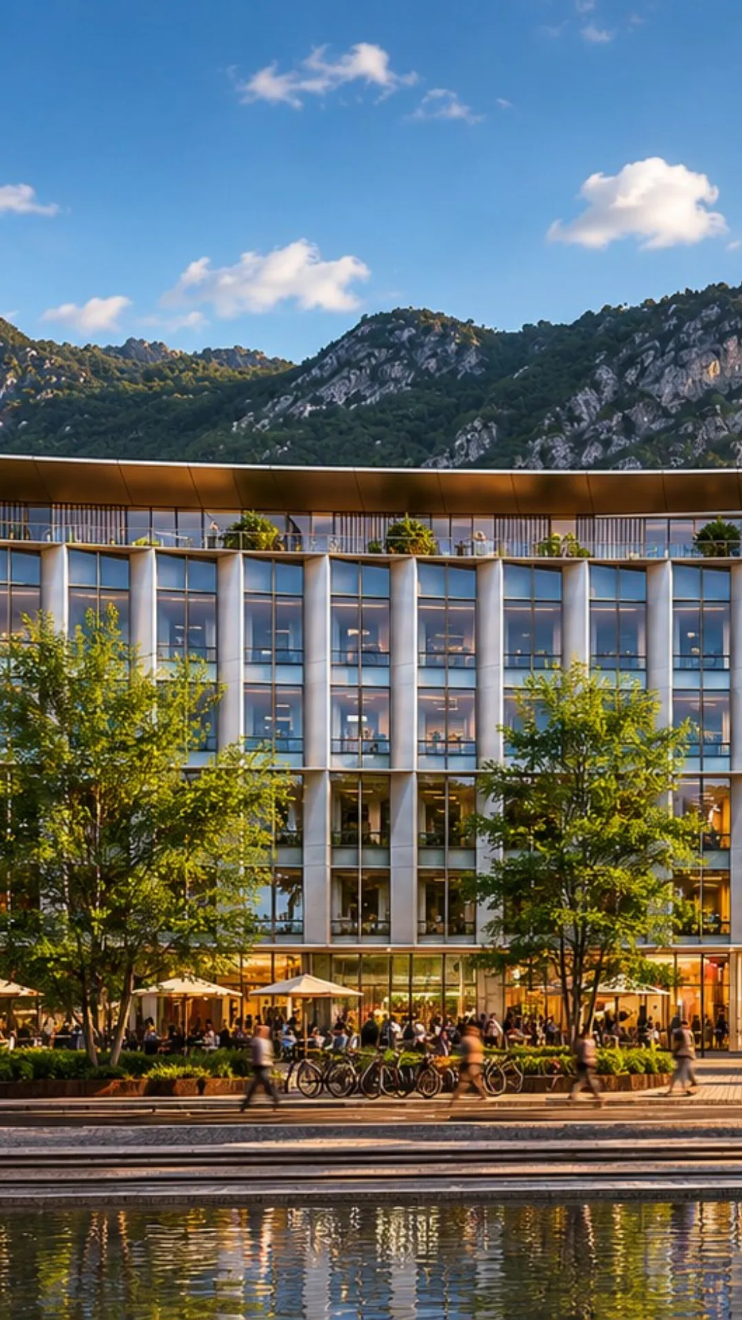 Modern building with big windows, trees, people and mountains in the background.