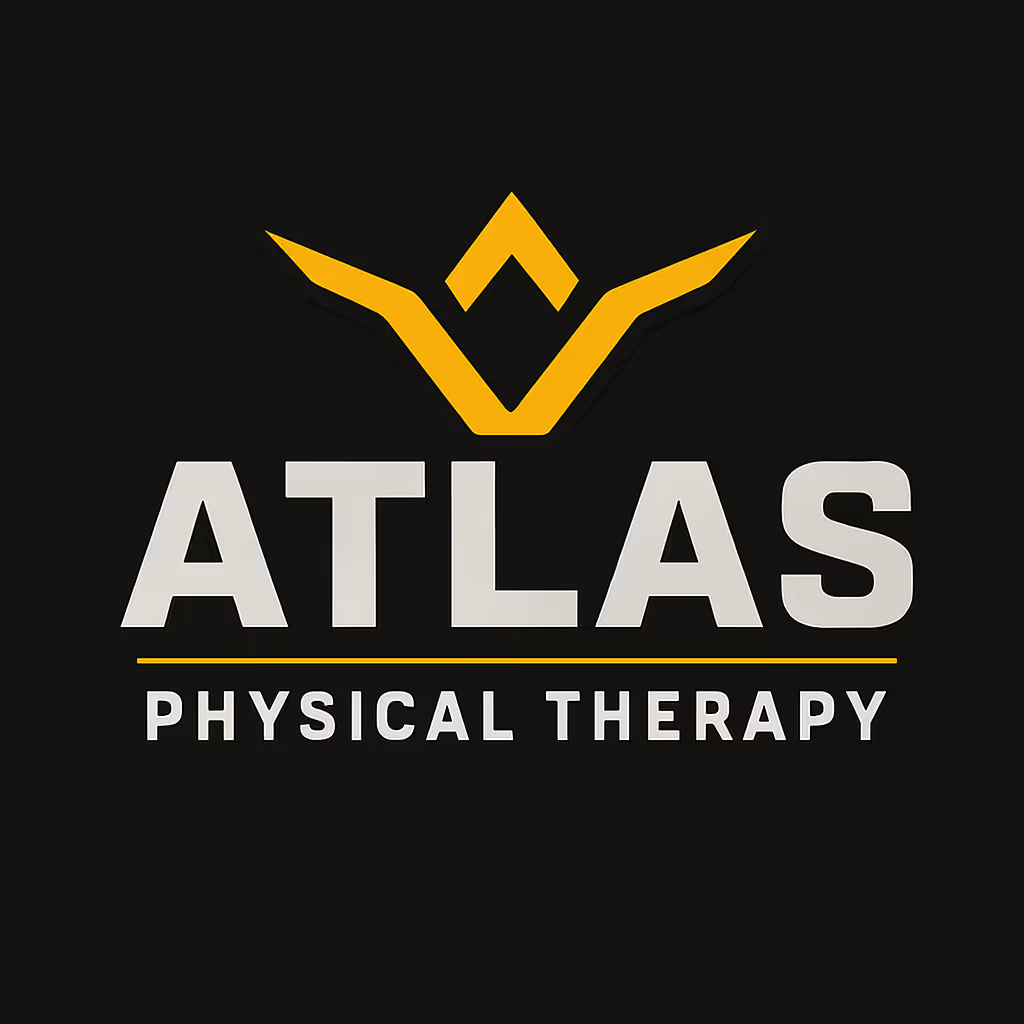 Yellow abstract symbol above bold text 'ATLAS' and smaller text 'PHYSICAL THERAPY' on black background.