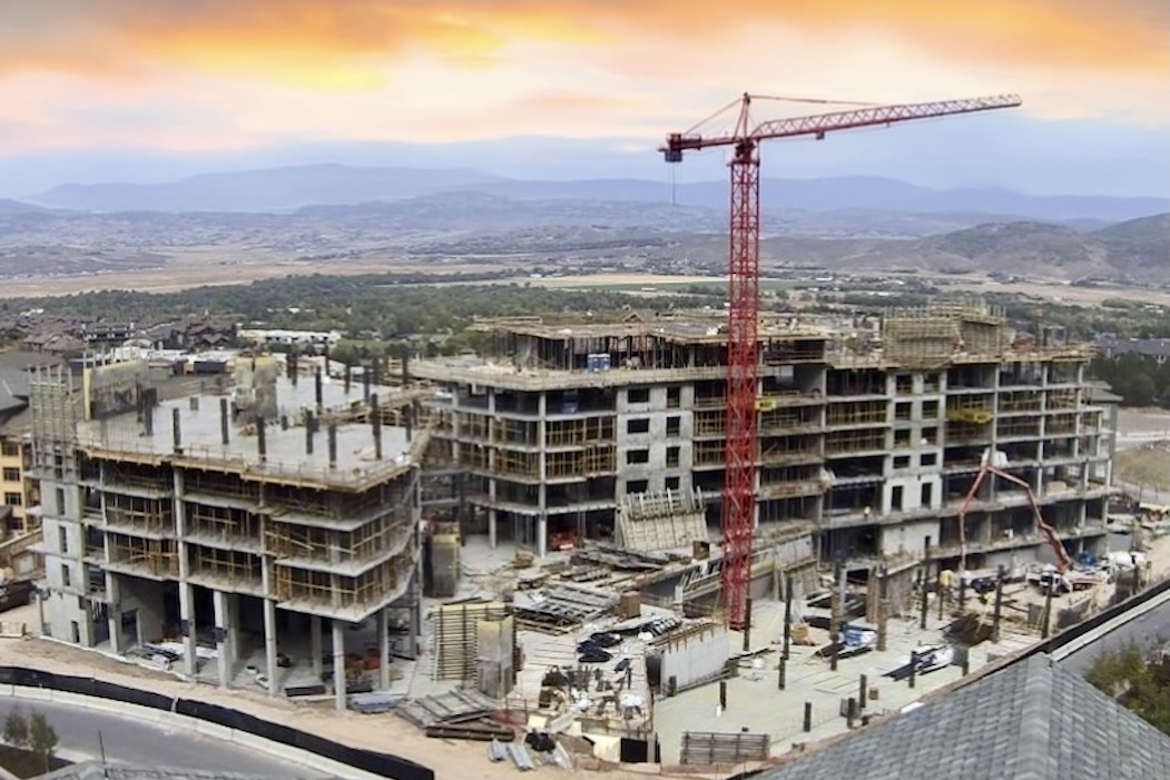 The Pendry luxury resort under construction, nine-story building with crane, Park City Utah