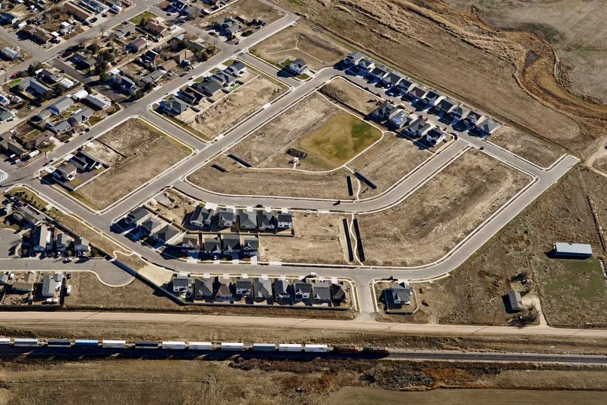Aerial drone view of Vista West subdivision roads and lot development, 120 single family home lots, Keenesburg Colorado