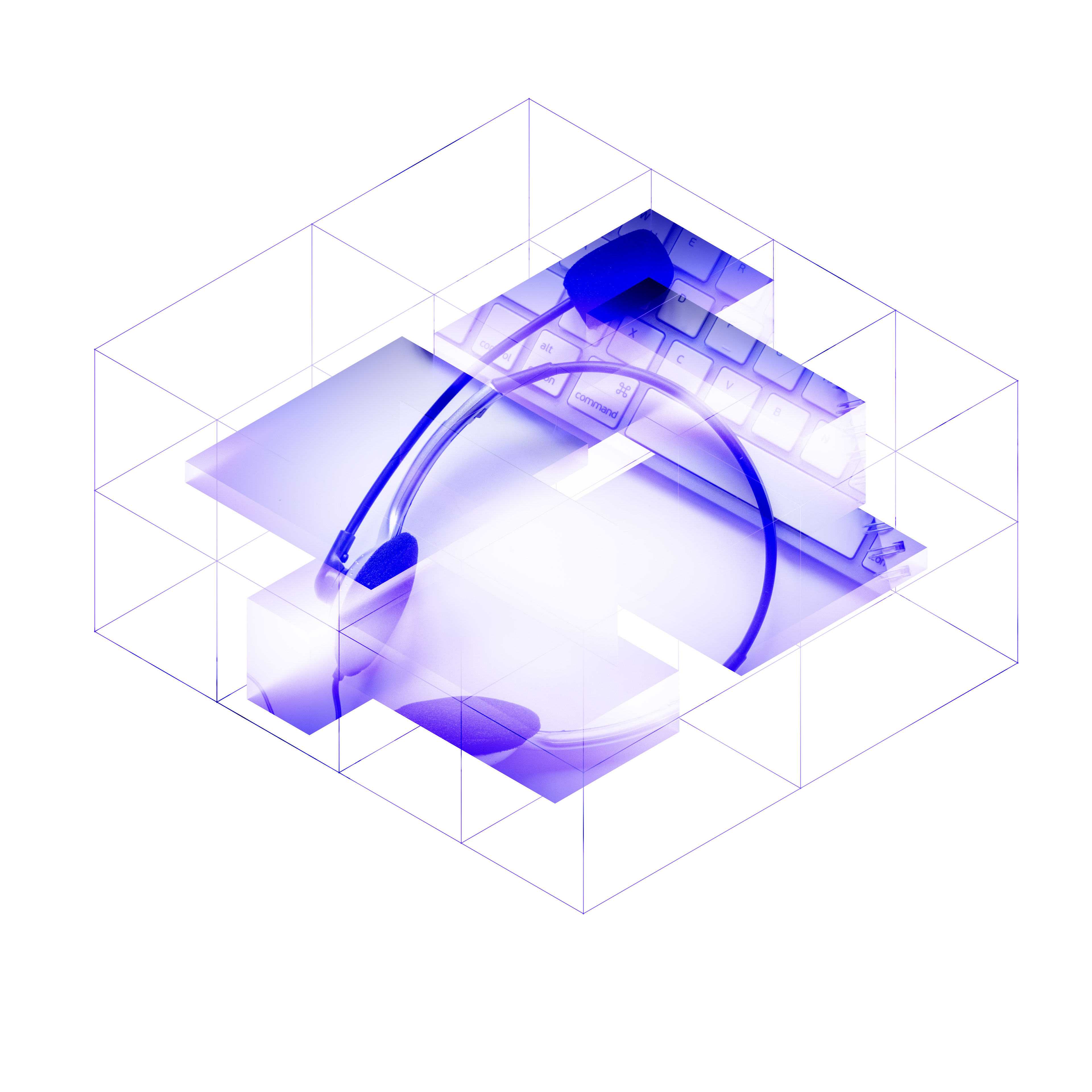 Headset and keyboard inside isometric wireframe cube structure