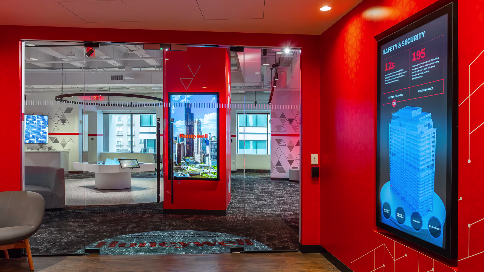 Experience center interior with interactive building technology displays