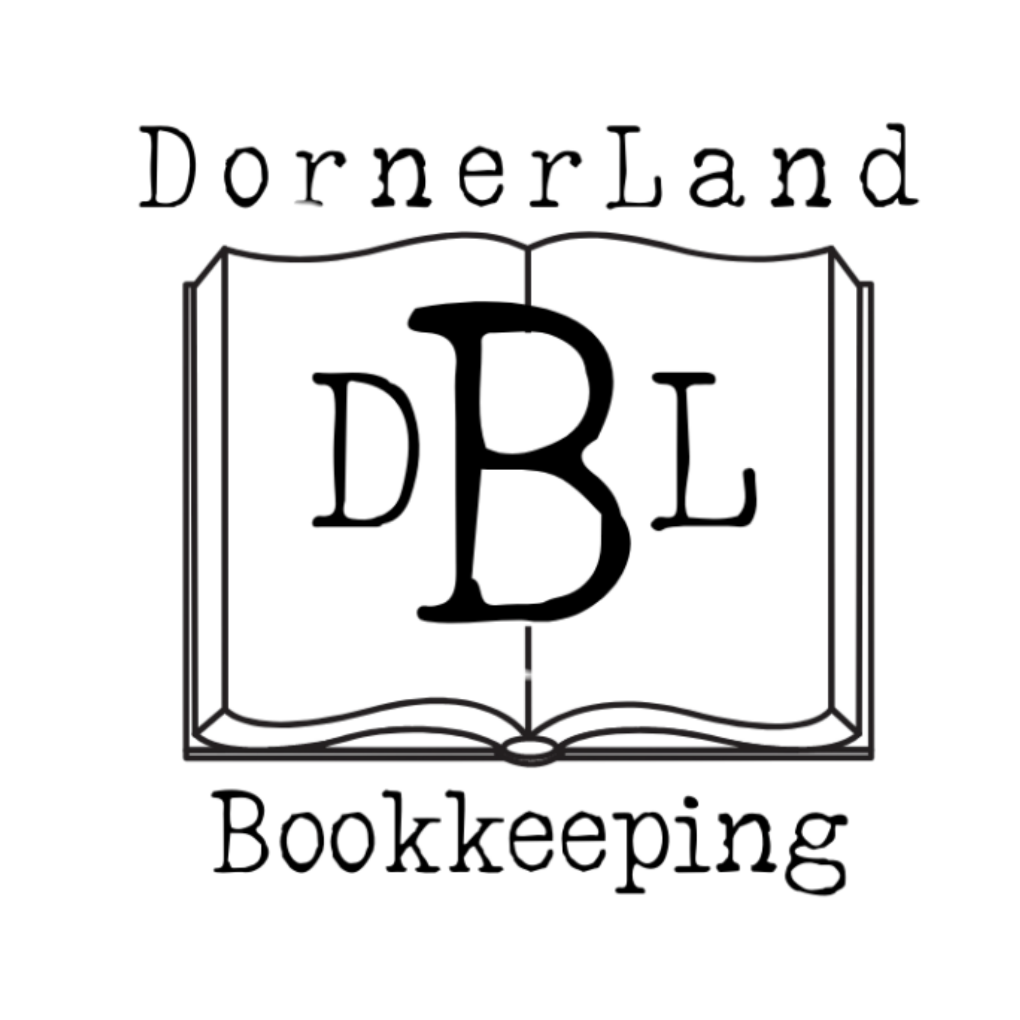 Logo for DornerLand Bookkeeping featuring an open book with the letters D, B, and L inside.