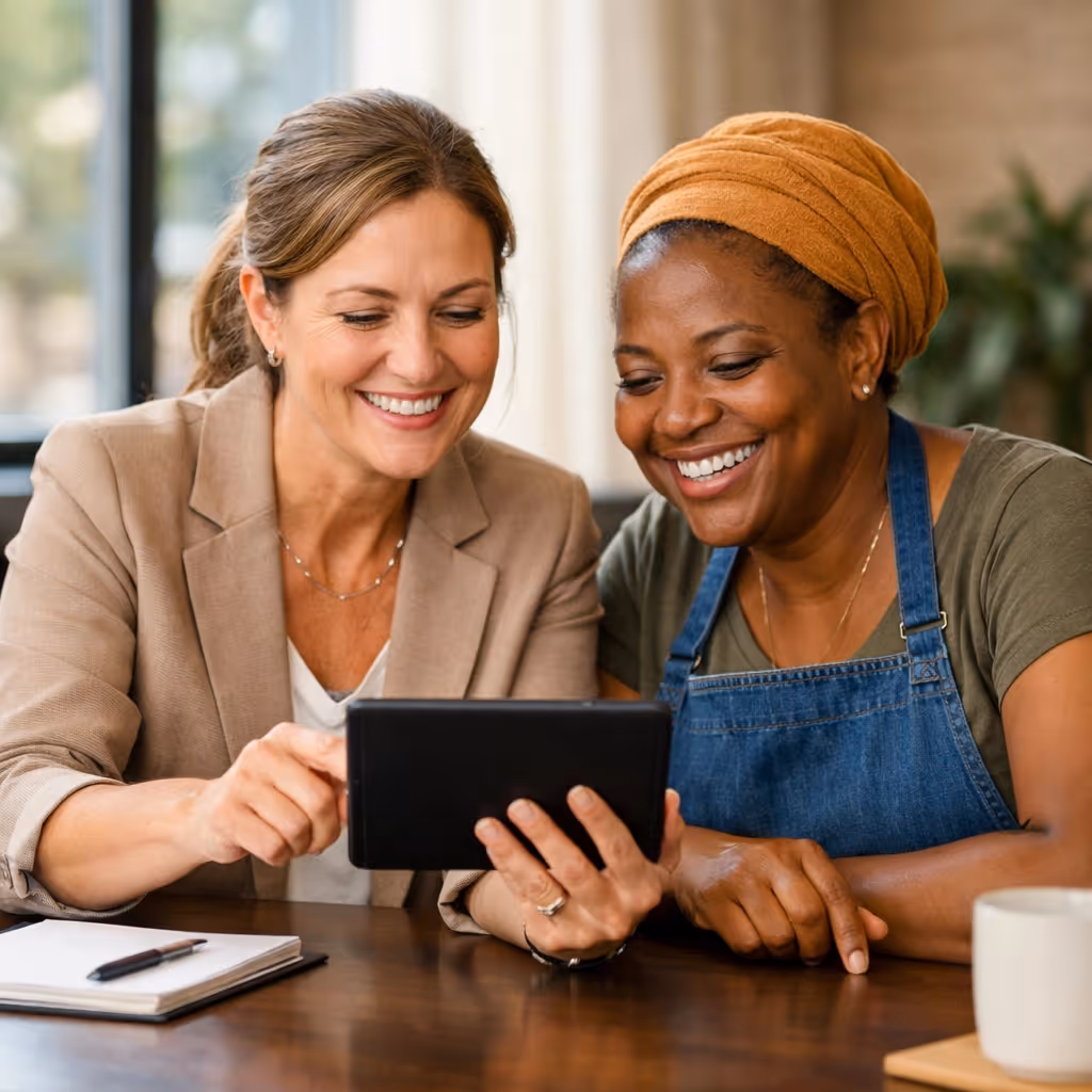 Professional virtual bookkeeper helping a business owner achieve clarity with financial records.