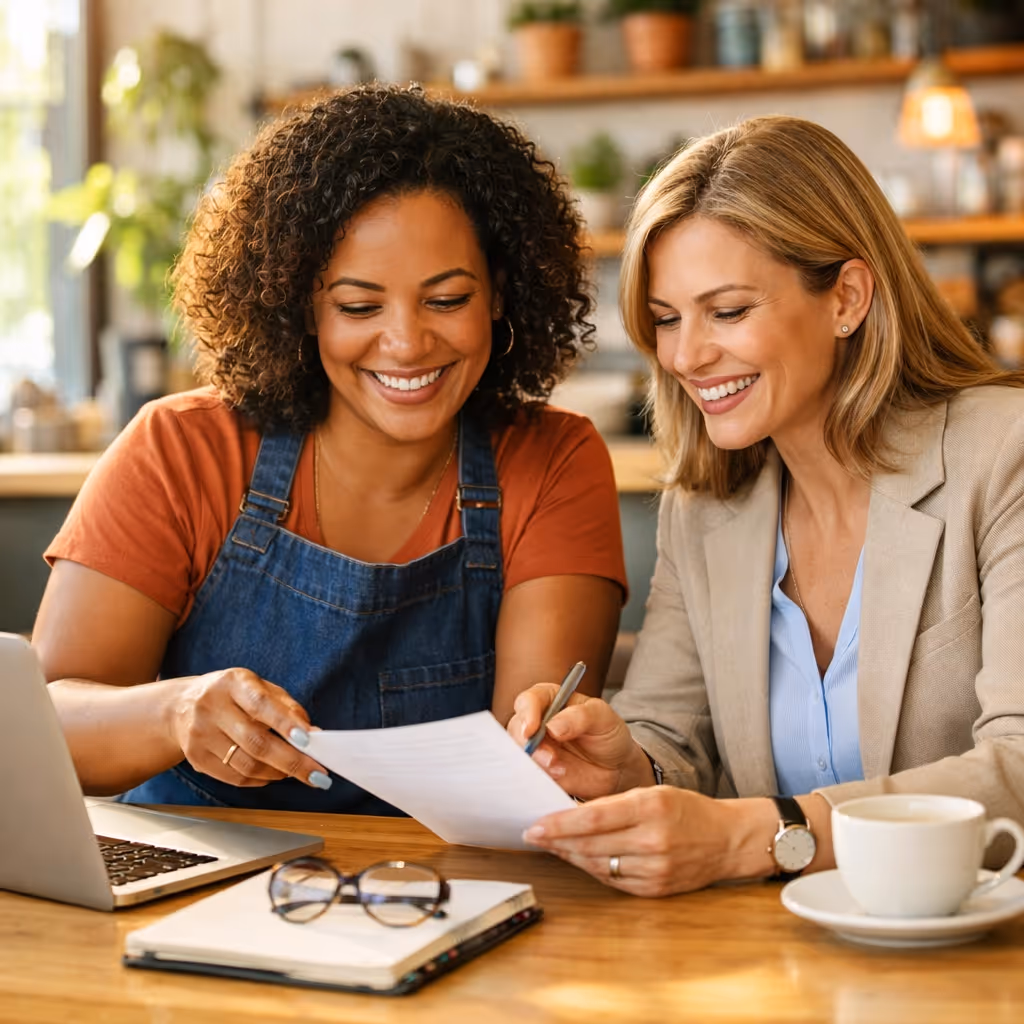 Small business owner and professional bookkeeper collaborating on a custom financial strategy.