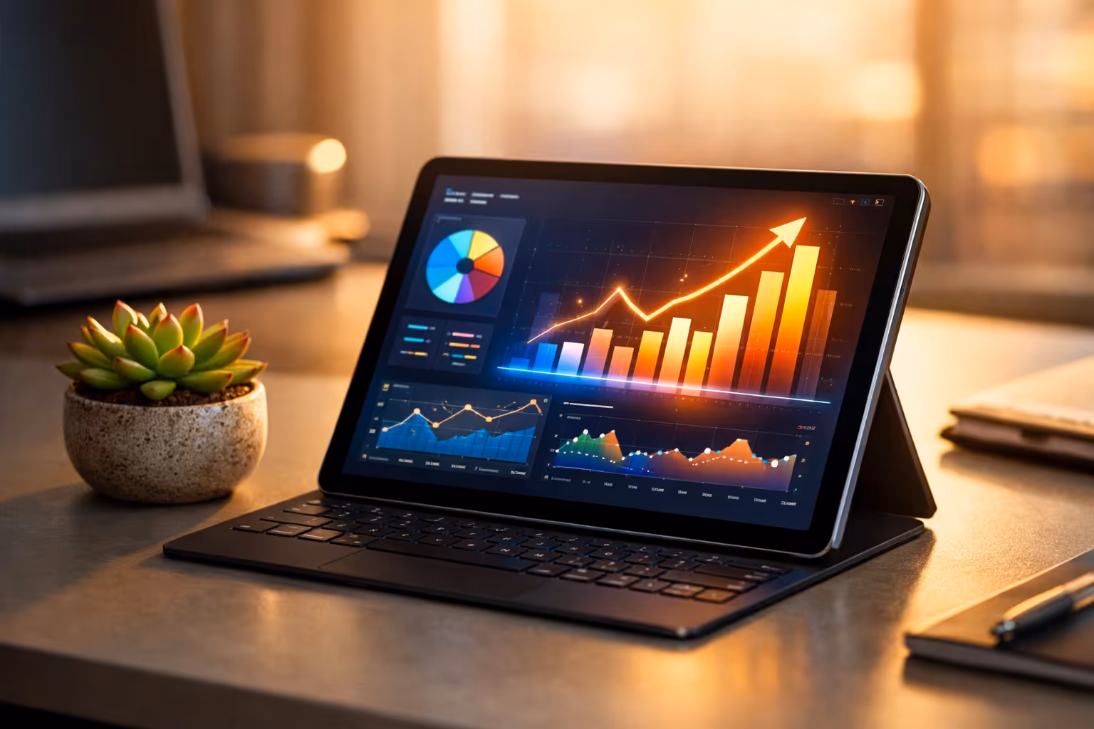 Modern digital workspace with financial data visualizations promoting bookkeeping efficiency and growth.