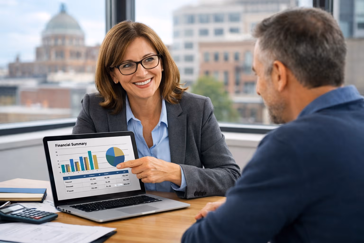 A Buffalo virtual bookkeeper pointing to clear financial reports during QuickBooks training.